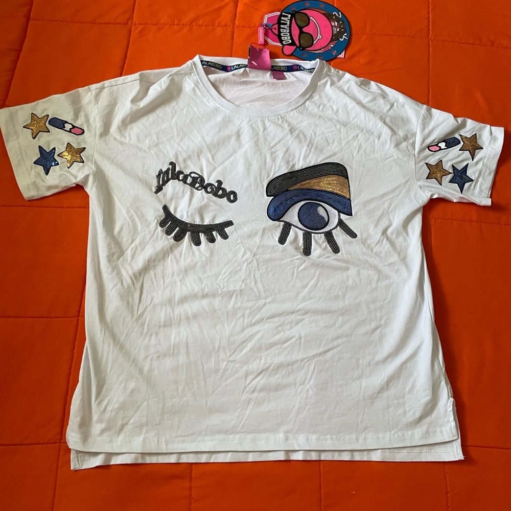Lalabobo Shirt Womens Large White Graphic Print Tees sleeve Y2K